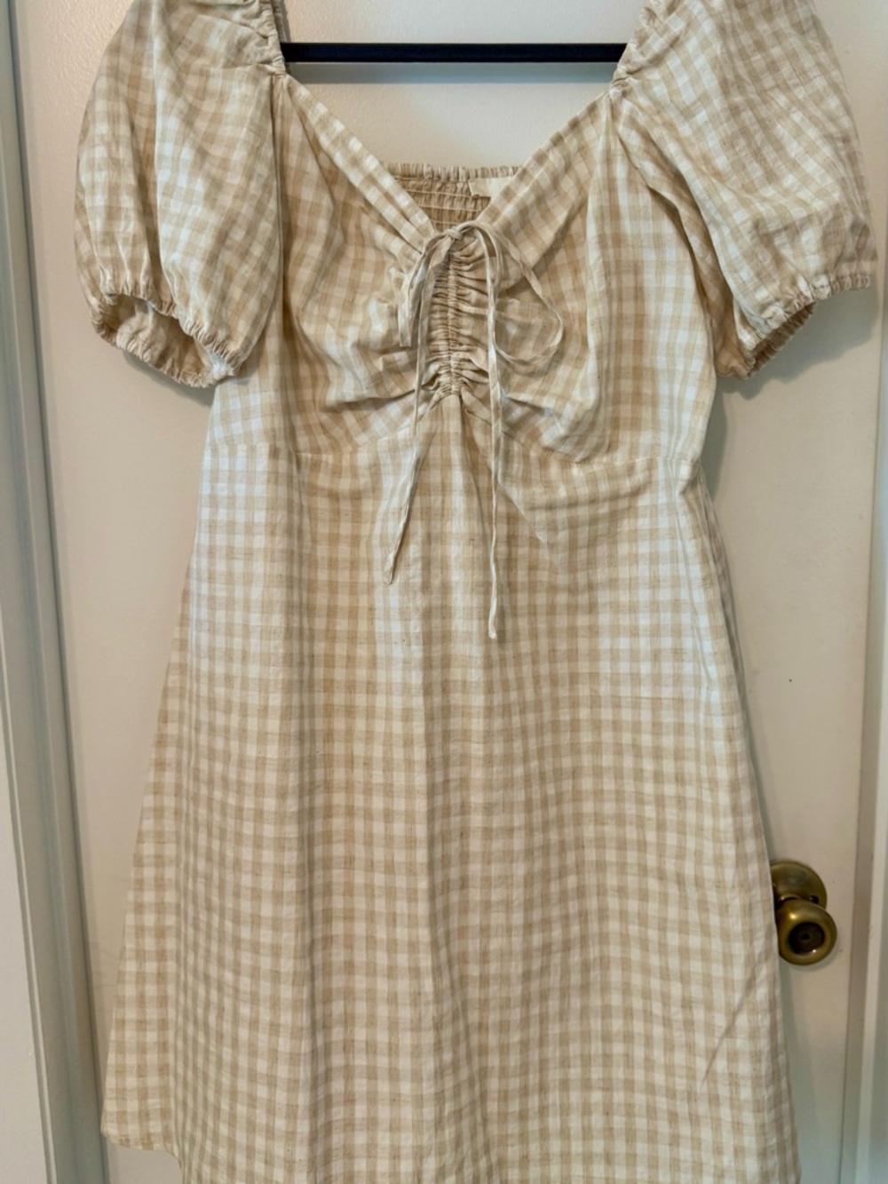 H&M Beige Gingham Ruched Tie-Front Peasant Dress Size L
